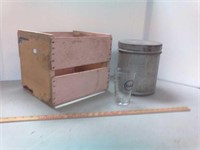 Wood crate, Kodak glass measuring cup, 10 qts