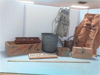 Galvanized bucket, vintage wood boxes and