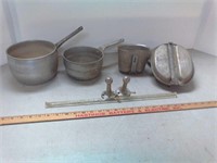 Vintage metal pots, glass towel rod +more