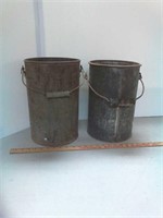 2 galvanized milk buckets with wood handles