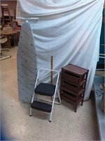 > Cosco stool, small shelf unit, ironing board