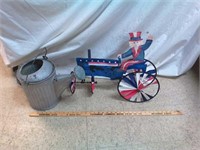 Galvanized watering can and tractor deco