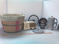Vintage apple basket, wheels, coffee pot and