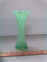 > Green opalescent glass vase. Approx 8 1\2" tall