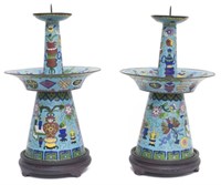 (2) CHINESE CLOISONNE ENAMEL TIERED CANDLESTICKS