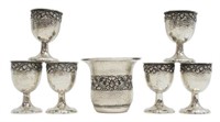 (7) INDONESIAN .800 SILVER REPOUSSE CORDIALS & CUP