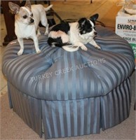 WIDE STRIPED, TUFTED BLUE ROUND OTTOMAN