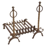 (3) PATINATED WROUGHT IRON ANDIRONS & GRATE