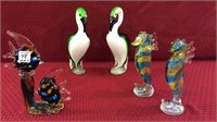 Set of 5 Art Glass Animals Including Sea Horses,