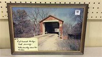 Framed Color Photo of Red Covered Bridge w/