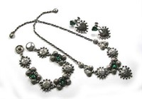 Vintage Silver & Emerald Rhinestone Necklace Set