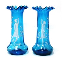 Pair Mary Gregory Teal Victorian Art Glass Vases