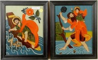 Pair German Religious Reverse Glass Paintings