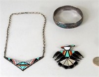 Two Zuni Silver & Multistone Inlaid Jewelry Items