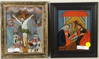 Two Small German Religious Paintings Reverse/Glass