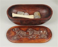 Maori Carved Wood Treasure Box W/Abalone Inlay