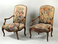 Pair French Carved Wood Upholstered Armchairs