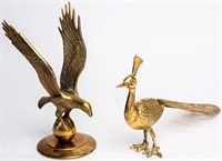 2 Cast Brass Avian Statues, Eagle & Peacock