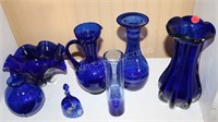 7 PCS COBALT BLUE GLASS INC. PAINTED FENTON BELL