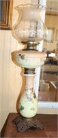 TALL HANDPAINTED OIL LAMP W/ GLASS SHADE