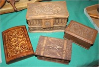 4 CARVED WOOD BOXES