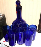 COBALT BLUE GLASS DECANTER W/ STOPPER & 7 THICK