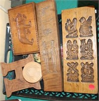 4 CARVED WOODEN MOLDS & AN "H"