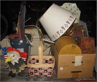 Home décor items including bird house lamp, wood