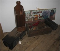 Wood crate, cloth stuffed rooster, wooden