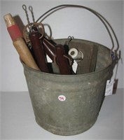 Galvanized bucket with (5) Garden tools, etc.