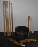 Enamel pot with (5) Yard sticks including Burke