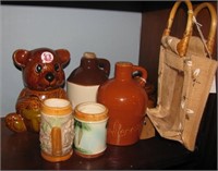Glassware pieces including ceramic honey bear,