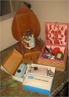 Vintage sewing items including wicker box, (2)