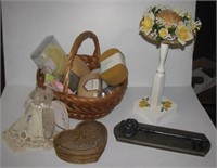 Bathroom accessories including sponges, candles,