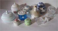 Various glassware covered dishes including