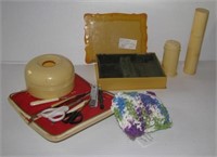 Vintage vanity items including jewelry box, tooth