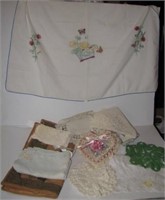 Vintage linens including primitive wall hanging,