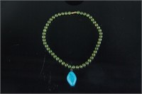 Chinese Green Jade Necklace with Turquoise Pendant