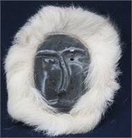 Carved Soapstone Alaskan Inuit Face w/ Fur Trim
