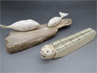 Scrimshaw Bone Whale Figures & Seal Peg Game
