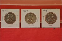 (3) Franklin Silver Half Dollar 1956,57,58