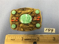 2" x 1.5" jade and corral oriental design brooch