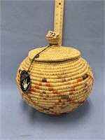 Handmade grass basket with lid, 8" with a 4.5" dia