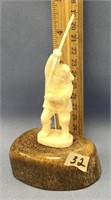 3" carved ivory hunter with spear and sinew mounte