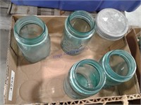 4, blue pint canning jars, one clear pint w/ lid