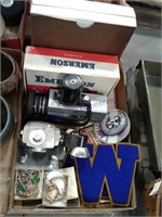 Assortment--jewelry, patches, cameras, cigar box