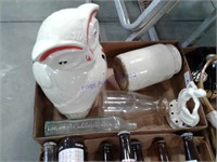Assortment--owl cookie jar, chipped, milk bottle,