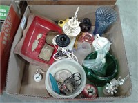 Misc--glass paperweights, jewelry, belt buckles,