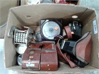 Old cameras, Economy Lumber Company thermometer,