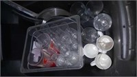 Bin of miscellaneous glasses & 2 frying pans